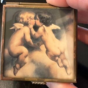 Balliol Corp. 1992 Kissing Angels Brass & Painted Glass Trinket Box Mirror base